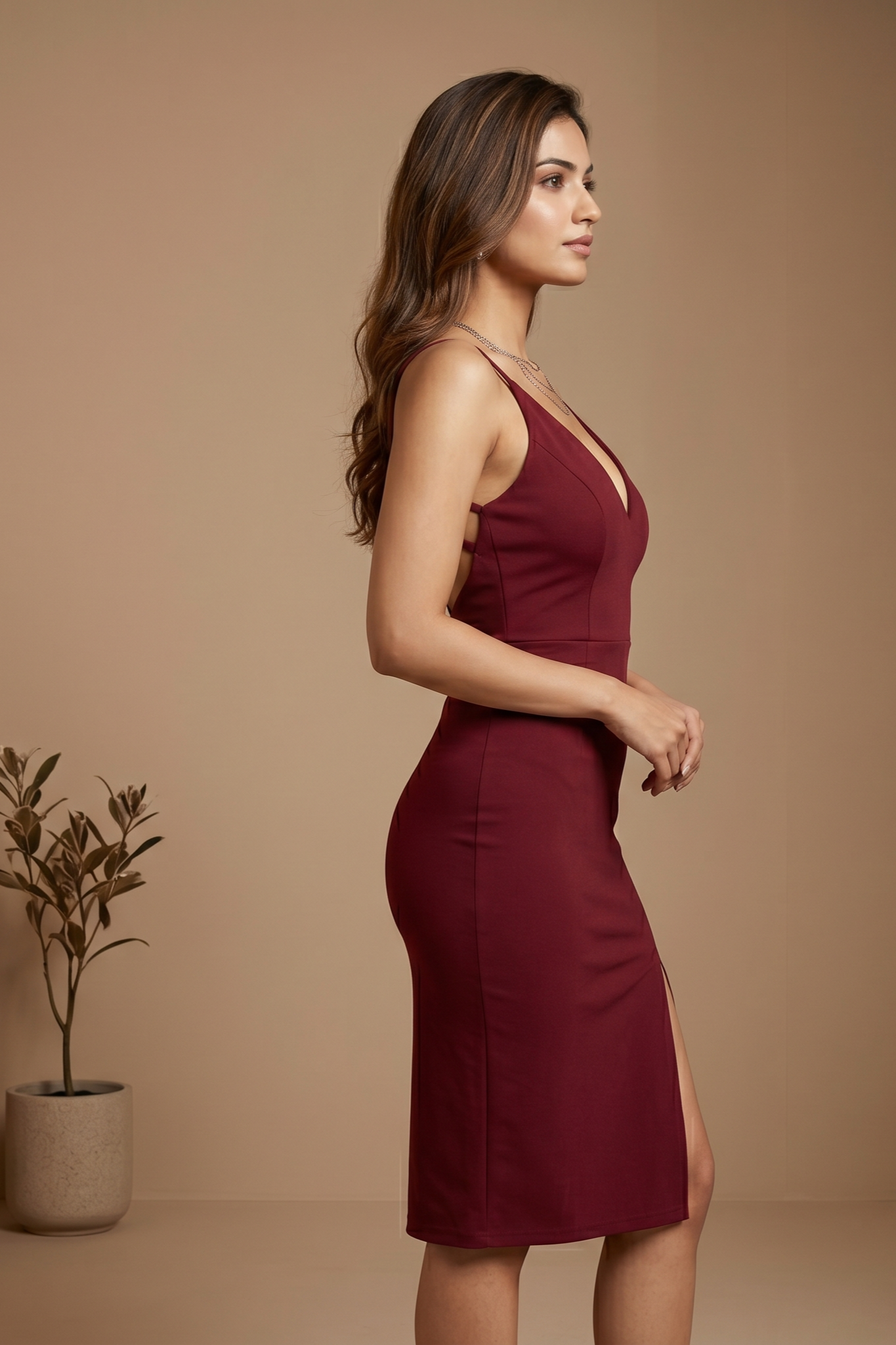 Wine Red Side-Slit Party Dress